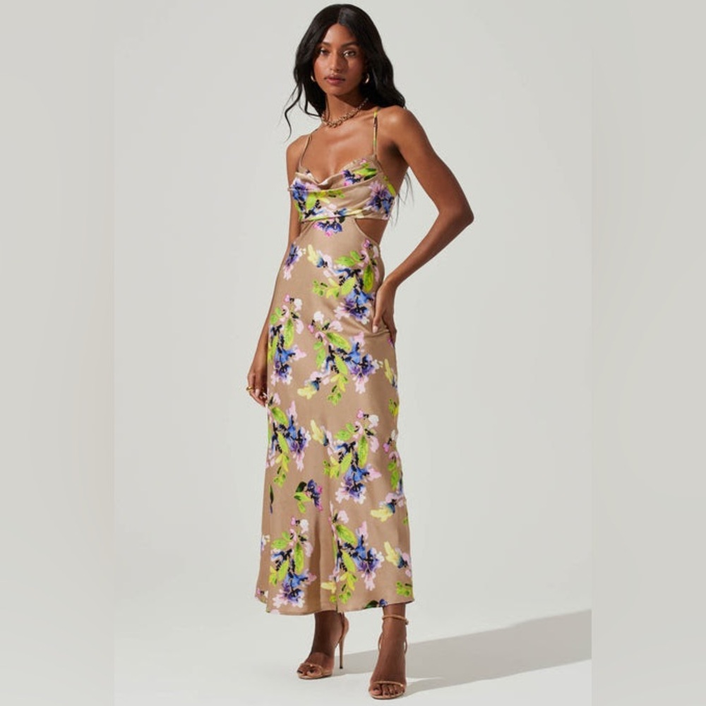 Astr the Label Colette Floral Satin Cutout Midi Dress